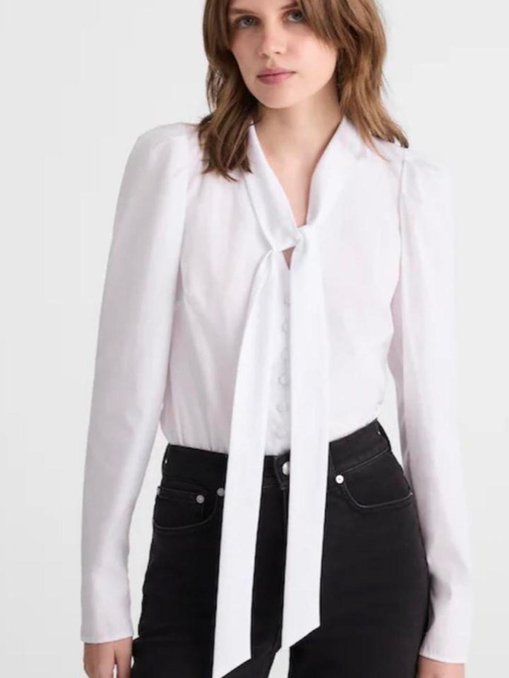 Madewell White Tie-Neck Long-Sleeve Blouse